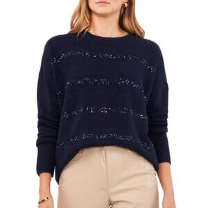 69$ Vince Camuto Crew Neck Sequin Stripe Sweater Long Sleeve Size M Navy